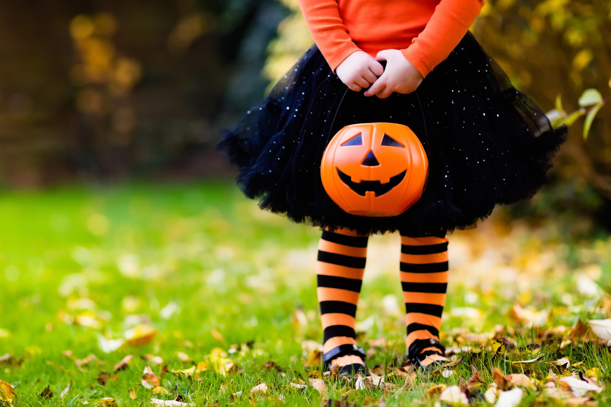Girl dressed in Halloween clothes holding a plastic jack o'lantern pail.