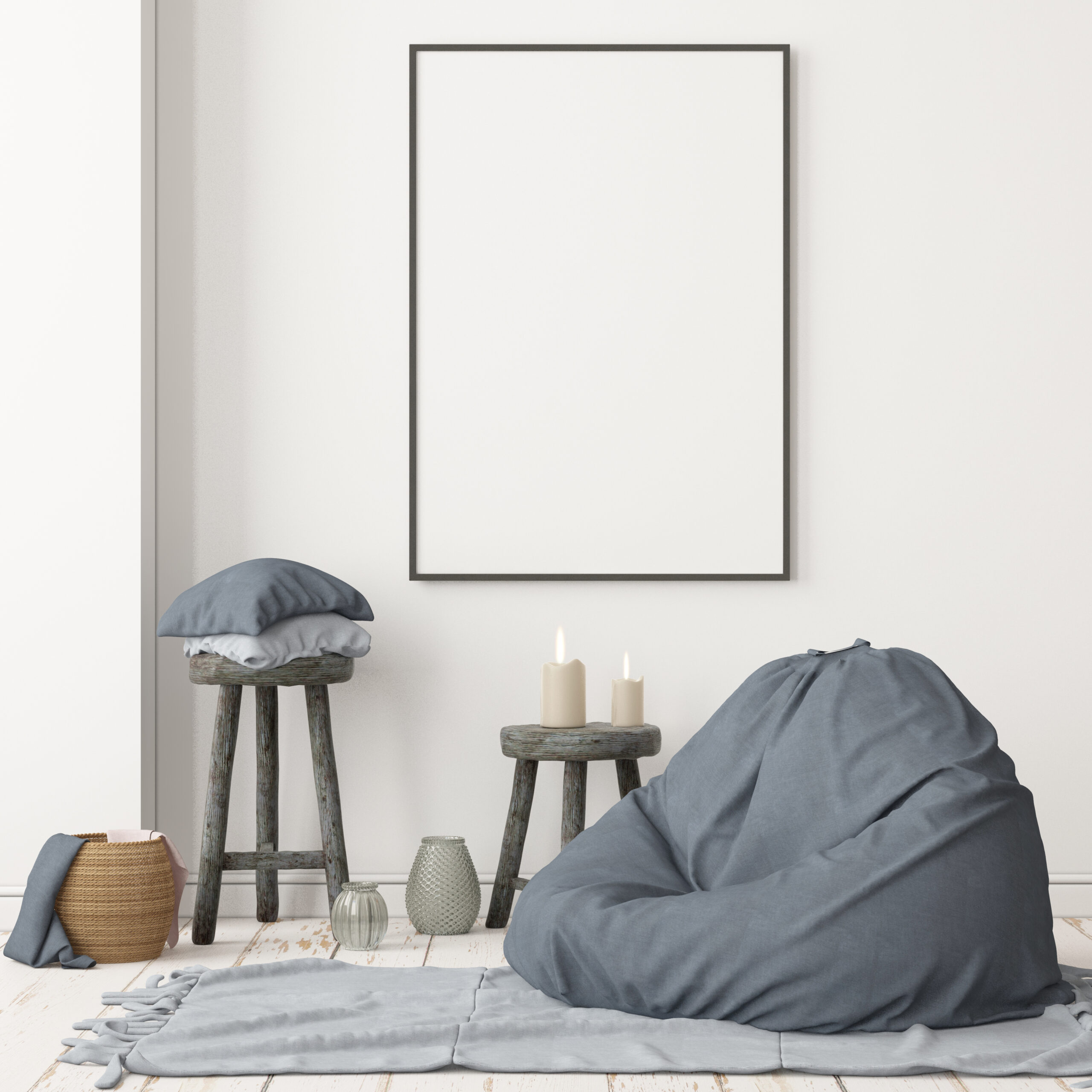 Grey colored stools with pillows, a bean bag, and a rug